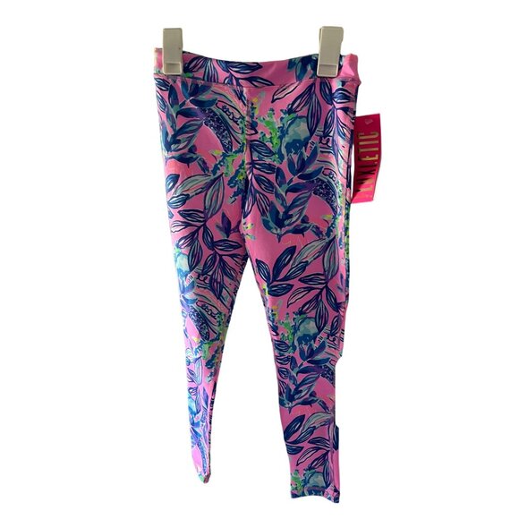 Lilly Pulitzer Luxletic Pink & Blue Leaf Print Leggings - Girls Size L-8/10 - Picture 3 of 3